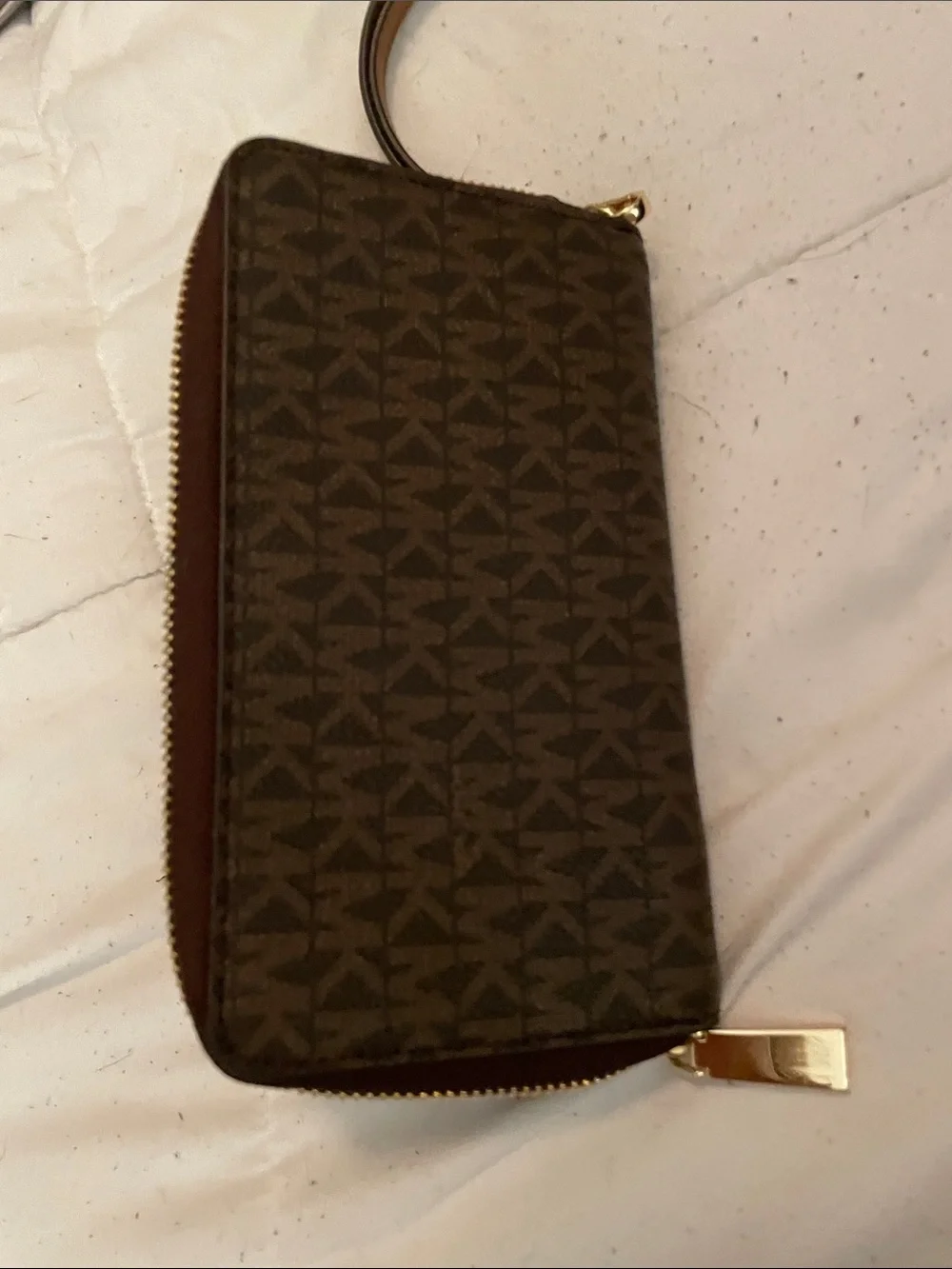 Michael Kors Brown Monogram Wristlet with Gold Plate